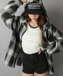 SPINNS | フード付きオーバーサイズチェックシャツ(シャツ/ブラウス)