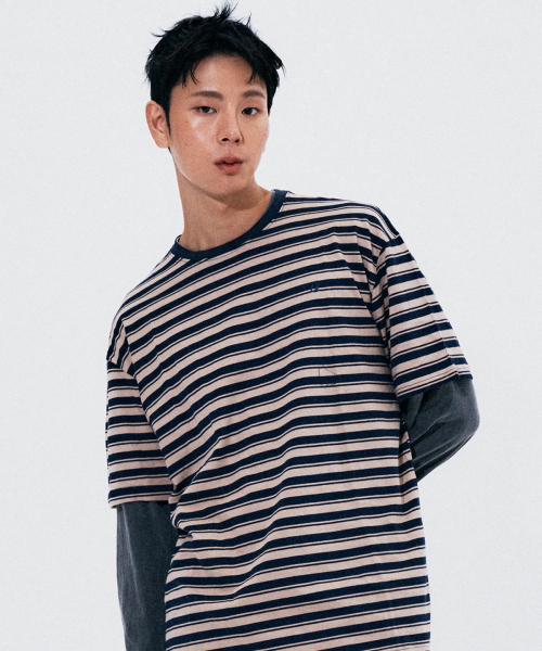 SOMEPLACE MAN(サムプレイス・マン)の「マルチミックス配色ストライプロゴ刺繍ラウンドネック半袖Tシャツ_4COLOR(Tシャツ/カットソー・メンズ・レッド/ベージュ/ピンク/グリーン・FREE)」の12枚目の写真