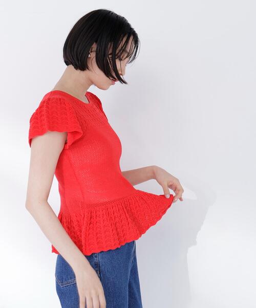 NATURAL BEAUTY BASIC(ナチュラルビューティーベーシック)の「【Oggi.jp掲載】◇透かし編みフリルニット(ニット/セーター・レディース・オフホワイト/レッド/ブラック・FREE)」の4枚目の写真