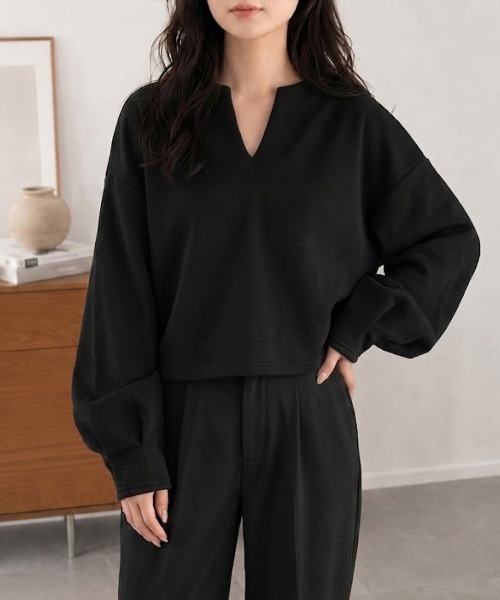 SallyLunn(サリーラン)の「キーネックプルオーバー(Tシャツ/カットソー・レディース・ベージュ/グレー/ブラック×ホワイト/ホワイト×ブラック/グレー系その他/ブラック・FREE)」の3枚目の写真