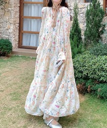 フラワープリントVネックロングワンピース