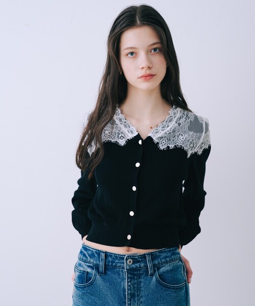 SELFIST（セルフィスト）の「レースショルダーニットカーディガン（ニット/セーター・レディース・ブラック系その他/オフホワイト/ブラック・フリー）」の21枚目の写真