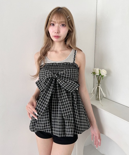 Loueme（ルエム）の「チェックリボンバルーンキャミソール（キャミソール・レディース・ブラック/ライトブルー/アイボリー・FREE）」の7枚目の写真