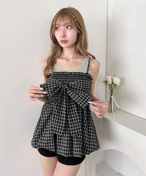 Loueme（ルエム）の「チェックリボンバルーンキャミソール（キャミソール・レディース・ブラック/ライトブルー/アイボリー・FREE）」の8枚目の写真