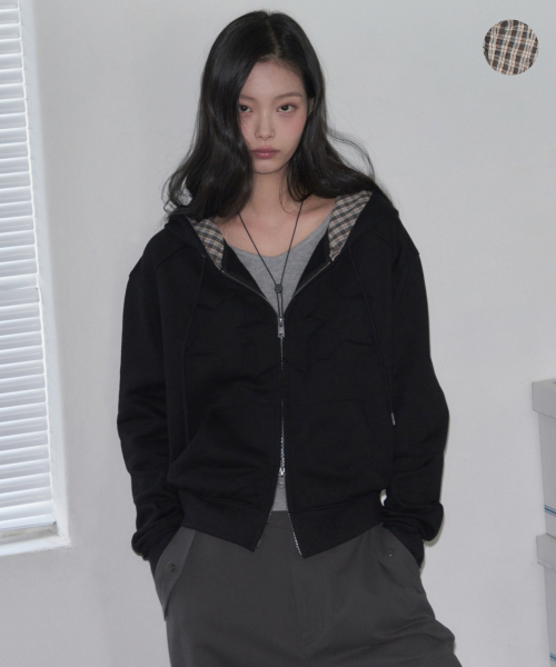 LEATHERY（レザリー）の「[レザリーXアネディン] スターパッチチェックフードジップアップ [ブラック]（パーカー・レディース・その他・M/XS）」の2枚目の写真