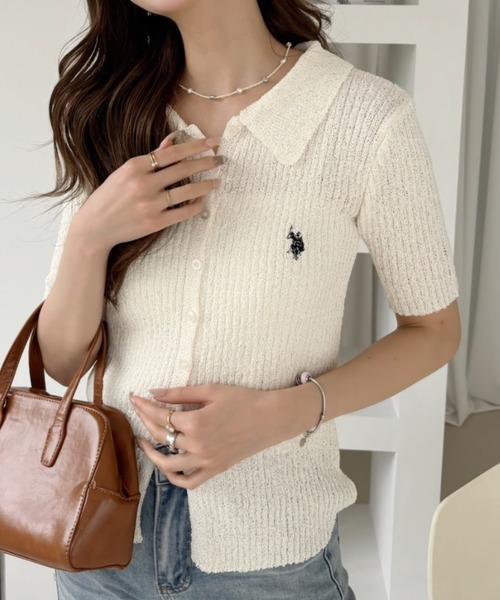 U.S. POLO ASSN.(ユーエスポロアッスン)の「【Ada.別注 U.S. POLO ASSN.】ドライタッチ メランジ 襟付き 半袖 ニット ◎(カーディガン/ボレロ・レディース・オフホワイト/ネイビー/ベージュ・FREE)」の13枚目の写真