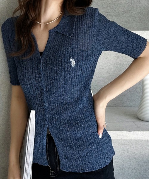 U.S. POLO ASSN.(ユーエスポロアッスン)の「【Ada.別注 U.S. POLO ASSN.】ドライタッチ メランジ 襟付き 半袖 ニット ◎(カーディガン/ボレロ・レディース・オフホワイト/ネイビー/ベージュ・FREE)」の5枚目の写真