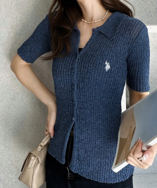 U.S. POLO ASSN.(ユーエスポロアッスン)の「【Ada.別注 U.S. POLO ASSN.】ドライタッチ メランジ 襟付き 半袖 ニット ◎(カーディガン/ボレロ・レディース・オフホワイト/ネイビー/ベージュ・FREE)」の7枚目の写真