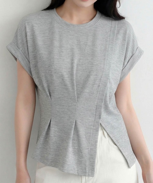LOWO(ロワ)の「ウエストタックスリットフレンチスリーブカットソー(Tシャツ/カットソー・レディース・グレー/ベージュ/チャコールグレー/オフホワイト/ブラック・FREE)」の9枚目の写真