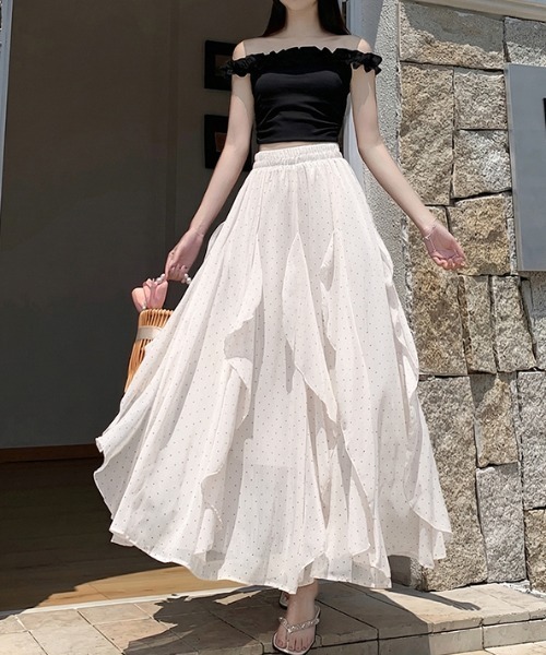 AMAJI(アマジ)の「ドット柄 不規則フリル ウエストゴム Aライン フレアスカート(スカート・レディース・ブラック系その他/ライトピンク/ブラック/ホワイト系その他/ホワイト/ベージュ・SMALL/MEDIUM/LARGE/X-LARGE)」の5枚目の写真