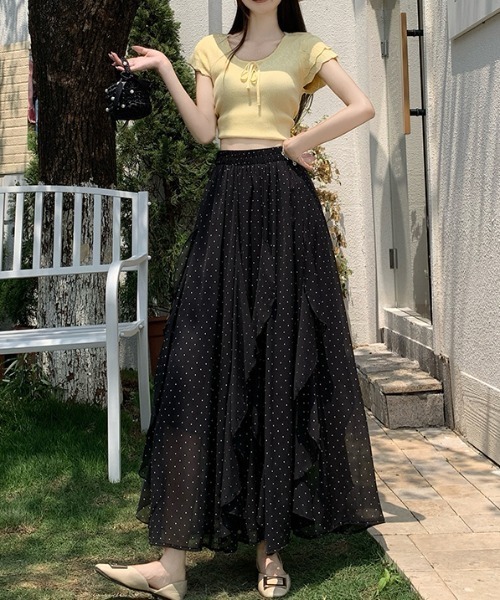 AMAJI(アマジ)の「ドット柄 不規則フリル ウエストゴム Aライン フレアスカート(スカート・レディース・ブラック系その他/ライトピンク/ブラック/ホワイト系その他/ホワイト/ベージュ・SMALL/MEDIUM/LARGE/X-LARGE)」の1枚目の写真