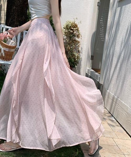 AMAJI(アマジ)の「ドット柄 不規則フリル ウエストゴム Aライン フレアスカート(スカート・レディース・ブラック系その他/ライトピンク/ブラック/ホワイト系その他/ホワイト/ベージュ・SMALL/MEDIUM/LARGE/X-LARGE)」の9枚目の写真