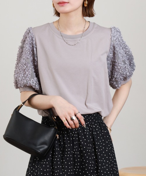 Anna Nicola(アンナニコラ)の「Anna Nicola 接触冷感レース袖カットソー 半袖(Tシャツ/カットソー・レディース・オフホワイト/グレー/ブラック・38)」の3枚目の写真