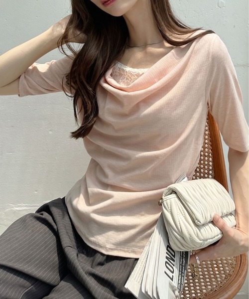 Ada.(エイダ)の「ドレープ ネック レース レイヤード カットソー(Tシャツ/カットソー・レディース・オフホワイト/ピンク/ブラック/グレー・FREE)」の1枚目の写真