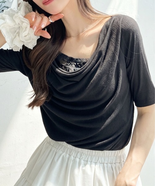 Ada.(エイダ)の「ドレープ ネック レース レイヤード カットソー(Tシャツ/カットソー・レディース・オフホワイト/ピンク/ブラック/グレー・FREE)」の3枚目の写真