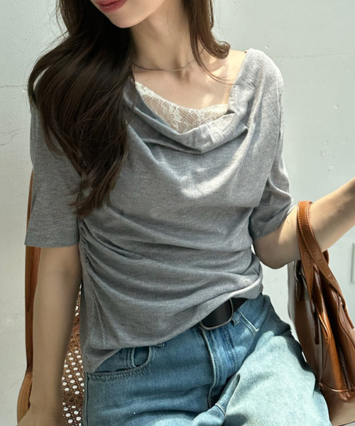 Ada.(エイダ)の「ドレープ ネック レース レイヤード カットソー(Tシャツ/カットソー・レディース・オフホワイト/ピンク/ブラック/グレー・FREE)」の11枚目の写真