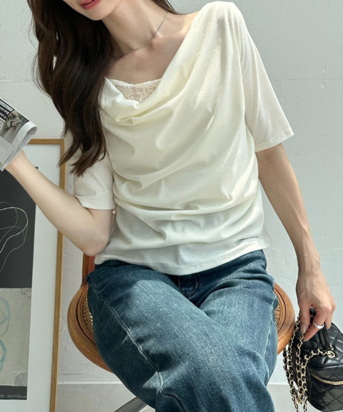 Ada.(エイダ)の「ドレープ ネック レース レイヤード カットソー(Tシャツ/カットソー・レディース・オフホワイト/ピンク/ブラック/グレー・FREE)」の19枚目の写真