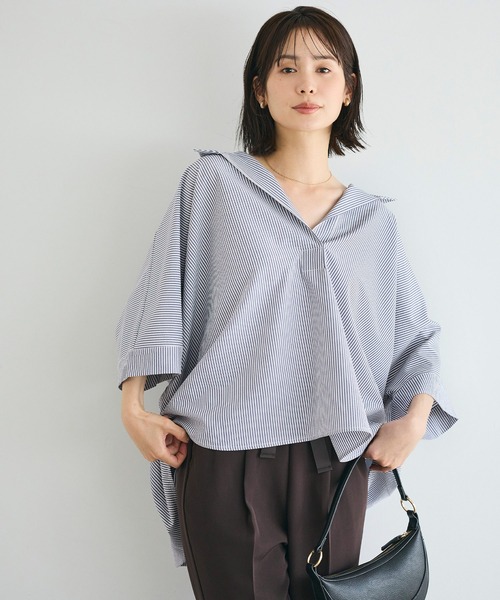coca(coca)(コカ)の「とろみサッカースキッパードルマンブラウス(シャツ/ブラウス・レディース・ライトグレー/ネイビー・L/M)」の3枚目の写真