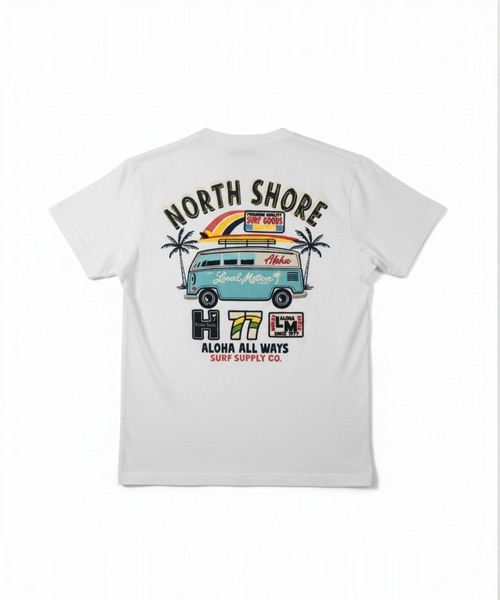 LOCALMOTION HAWAII(ローカルモーション ハワイ)の「サーフバス柄切り貼りワッペンTシャツ(Tシャツ/カットソー・メンズ・ホワイト/ネイビー・X-LARGE/MEDIUM/LARGE/SMALL)」の1枚目の写真
