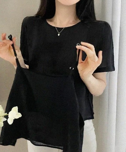 semplice(センプリチェ)の「2枚セットTシャツ【韓国ファッション】(Tシャツ/カットソー・レディース・ブラック/ホワイト・F)」の4枚目の写真