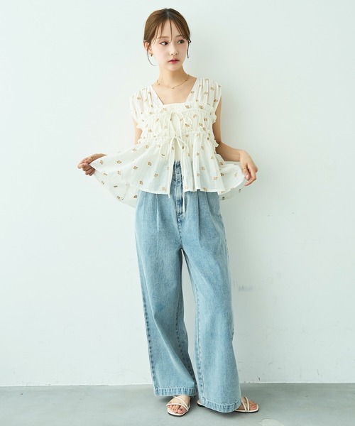 mil(ミル)の「花柄刺繍 シャーリングブラウス / セットアップ対応【588112】(シャツ/ブラウス・レディース・ブラック/モカ/アイボリー・ONE SIZE)」の17枚目の写真