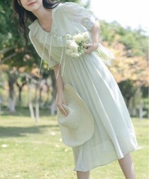クロスフリルウエストリボン半袖シアーワンピース