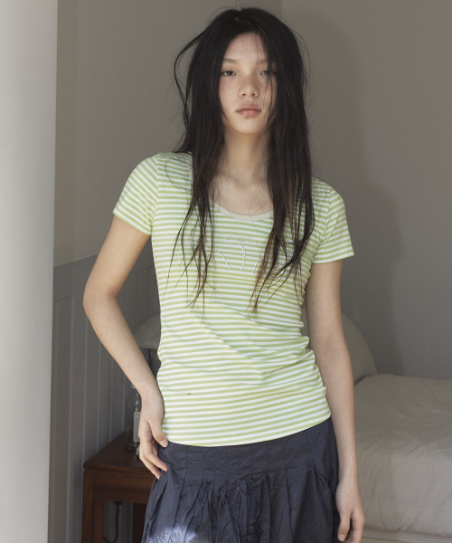 0MILEWEAR(ヤングマイルウェア)の「デイジーダストストライプTシャツ(green)(Tシャツ/カットソー・レディース・その他・FREE)」の1枚目の写真