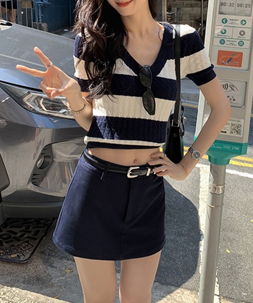 Songe(ソンジュ)の「リブ編み半袖サマーニットトップス(ニット/セーター・レディース・ホワイト×ネイビー/ブラック/ホワイト/ブルー・FREE)」の15枚目の写真