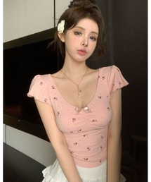 小花柄リボンシャーリングトップス