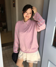 STRIPE LONG SLEEVE POLO KNIT_PINK