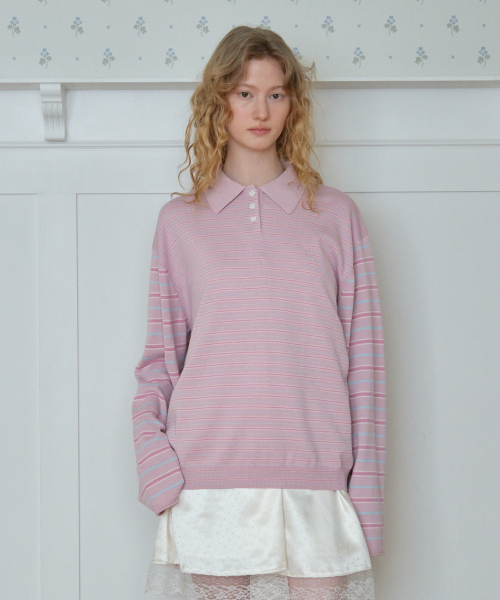 TTUDEMENT(トュードメント)の「STRIPE LONG SLEEVE POLO KNIT_PINK(ニット/セーター・レディース・その他・FREE)」の2枚目の写真