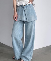 【セットアイテム】 レイヤードデニムパンツ デニムラップスカート デニムパンツ セット デニムスカート レイヤード 巻きスカート デニム パンツ スカート ワイドデニム ダメージ