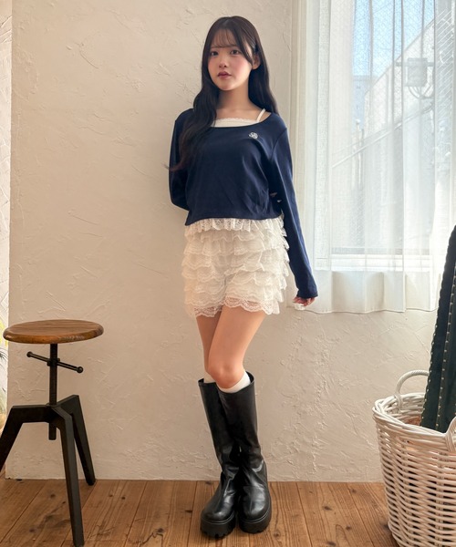 WEGO(ウィゴー)の「WEGO/【26年秋冬新作】ヘムフリルレイヤードリブトップス(Tシャツ/カットソー・レディース・グレー/ネイビー・FREE)」の4枚目の写真