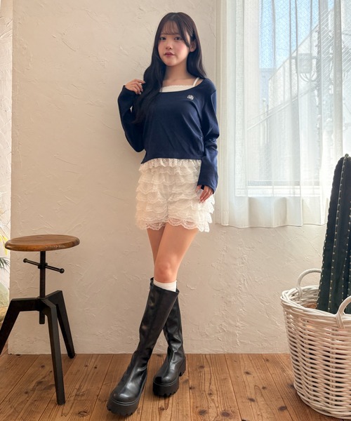 WEGO(ウィゴー)の「WEGO/【26年秋冬新作】ヘムフリルレイヤードリブトップス(Tシャツ/カットソー・レディース・グレー/ネイビー・FREE)」の15枚目の写真