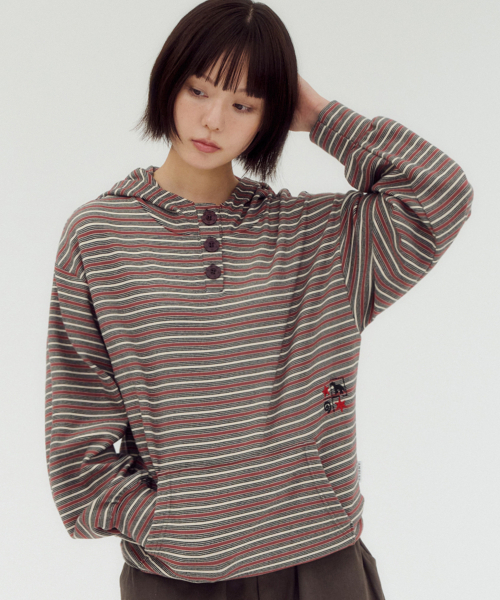 ambler(エムブラー)の「Striped Star button hoodie 刺繍ボアジャケットフードTシャツ AHP1311(バーガンディ)(パーカー・レディース・その他・FREE)」の1枚目の写真