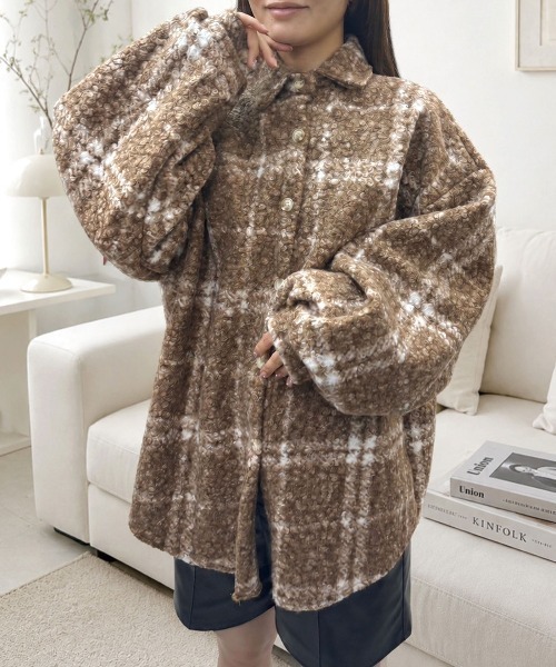CORNERS(コーナーズ)の「チェックボアオーバーサイズシャツジャケット(シャツ/ブラウス・レディース・ベージュ/ブラウン/アイボリー/レオパード・M)」の3枚目の写真