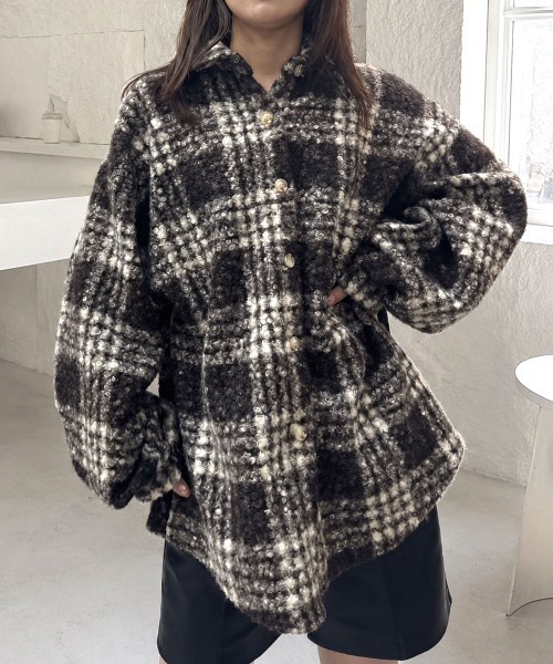 CORNERS(コーナーズ)の「チェックボアオーバーサイズシャツジャケット(シャツ/ブラウス・レディース・ベージュ/ブラウン/アイボリー/レオパード・M)」の1枚目の写真