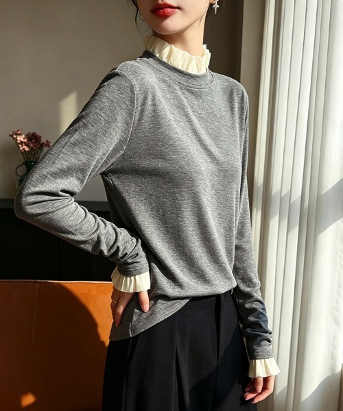 ReRe(リリ)の「フリルネック×レイヤード風長袖カットソー(Tシャツ/カットソー・レディース・ホワイト/プラム/グレー/ブラック/ネイビー・MEDIUM/X-LARGE/LARGE)」の9枚目の写真