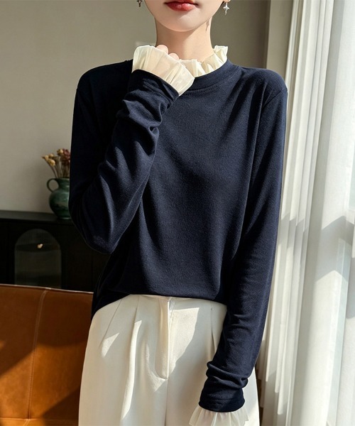 ReRe(リリ)の「フリルネック×レイヤード風長袖カットソー(Tシャツ/カットソー・レディース・ホワイト/プラム/グレー/ブラック/ネイビー・MEDIUM/X-LARGE/LARGE)」の10枚目の写真