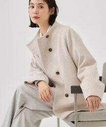 【ウールブレンド/日本製】スタンドカラー上品ミドル丈コート