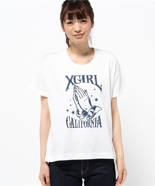 X-girl(エックスガール)の「HAND S/S TEE /Tシャツ/TEE/トップス/夏/ロゴ/グラフィック(Tシャツ/カットソー・レディース・ホワイト/チャコールグレー・1/2)」の9枚目の写真
