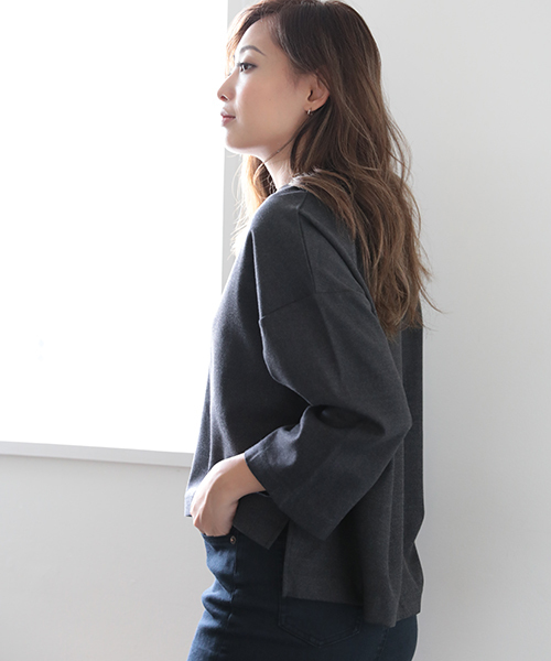 Denime（ドゥニーム）の「無地フランネルVネックトップス（Tシャツ/カットソー・レディース・ブラック/グレー・FREE）」の17枚目の写真