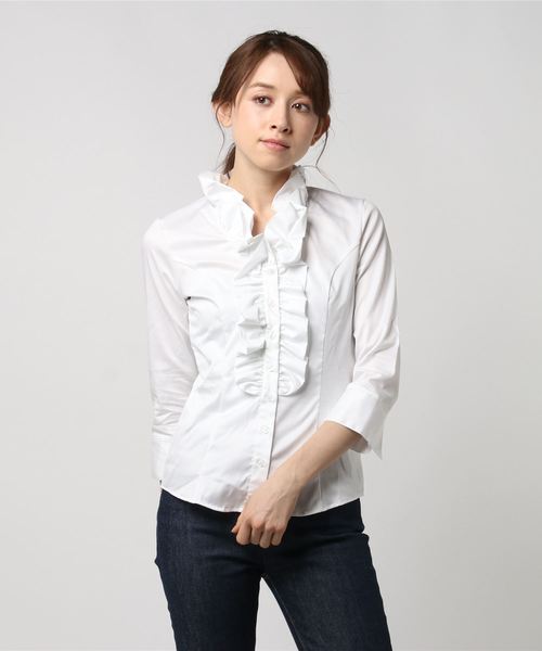 NARACAMICIE（ナラカミーチェ）の「コットンツイルフロントフリル七分袖ブラウス（シャツ/ブラウス・レディース・ホワイト/ブルー・MEDIUM/LARGE/SMALL）」の5枚目の写真