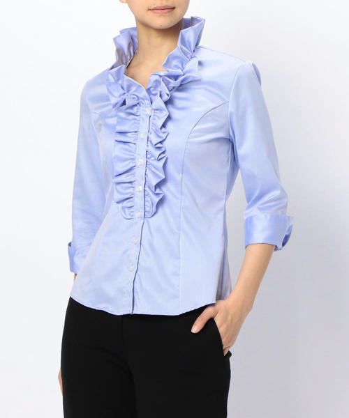 NARACAMICIE（ナラカミーチェ）の「コットンツイルフロントフリル七分袖ブラウス（シャツ/ブラウス・レディース・ホワイト/ブルー・MEDIUM/LARGE/SMALL）」の6枚目の写真