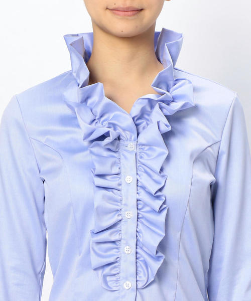 NARACAMICIE（ナラカミーチェ）の「コットンツイルフロントフリル七分袖ブラウス（シャツ/ブラウス・レディース・ホワイト/ブルー・MEDIUM/LARGE/SMALL）」の8枚目の写真