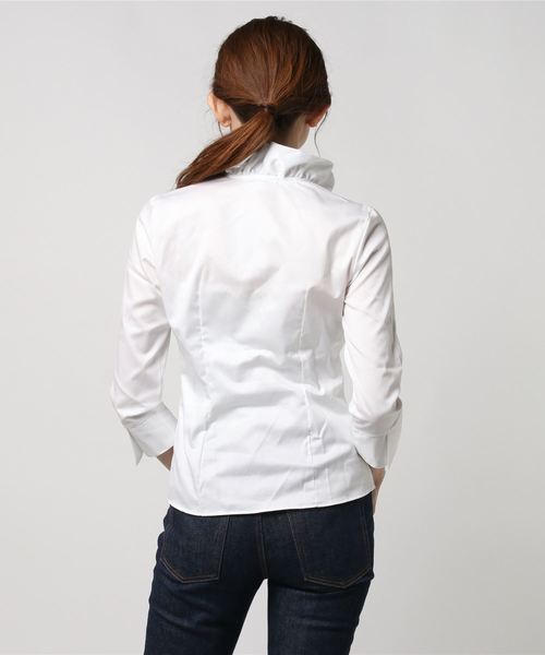 NARACAMICIE（ナラカミーチェ）の「コットンツイルフロントフリル七分袖ブラウス（シャツ/ブラウス・レディース・ホワイト/ブルー・MEDIUM/LARGE/SMALL）」の3枚目の写真