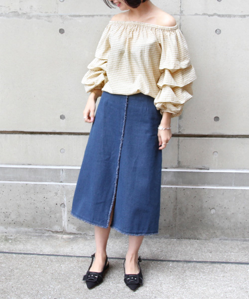 RANDA（ランダ）の「ボリュームスリーブオフショルブラウス（シャツ/ブラウス・レディース・ホワイト/オレンジ/チェック・FREE）」の12枚目の写真