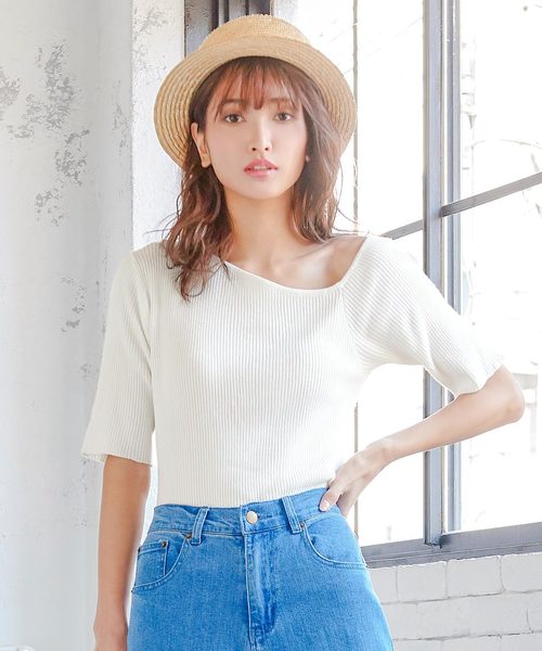 KOBE LETTUCE(コウベレタス)の「ワンショルダーリブニットトップス(ニット/セーター・レディース・ブラック/ブラウン/オフホワイト/ピンク系その他・FREE)」の1枚目の写真
