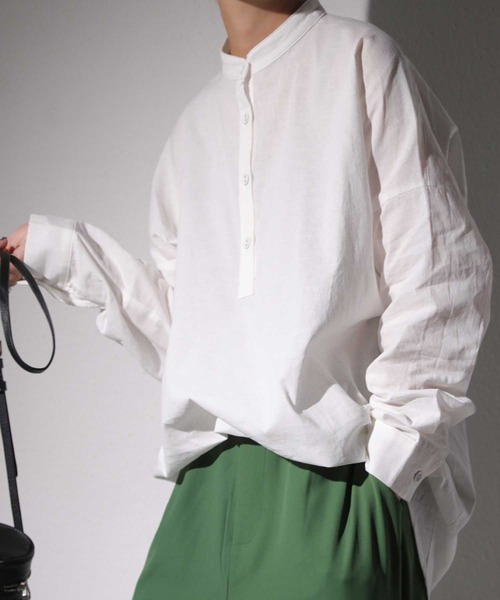 antiqua(アンティカ)の「綿麻スタンドカラーシャツ(シャツ/ブラウス・レディース・スカイブルー/オフホワイト/チョコ/キャメル/ブラック・FREE)」の15枚目の写真