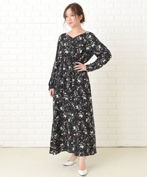 LIBERTY【AMACA】長袖花柄ワンピース　ウエストロープ付き　38 セール】花柄フレア 長袖 Vネック ロングワンピース（ワンピース